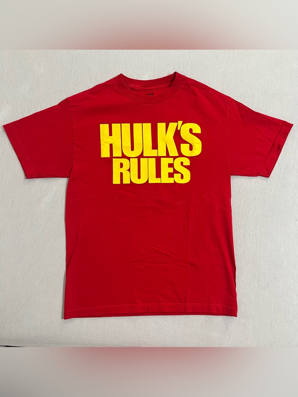 Red HULK'S RULES Graphic Tee with Yellow Text - Authentic WWE Hulk Hogan Shirt